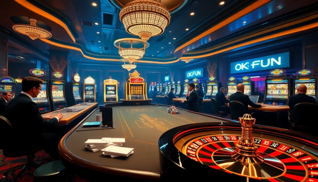 Experience the thrill at OKFUN Casino with vibrant slot machines and high-stakes poker tables.