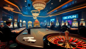 Experience the thrill at OKFUN Casino with vibrant slot machines and high-stakes poker tables.