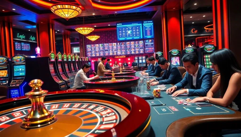 Situs apiraja88 highlights an engaging casino scene with players, roulette, and slot machines in action.