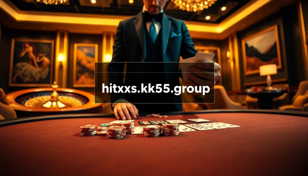 Experience the thrill of gambling at https://kk55.group with a luxurious poker table and roulette wheel.