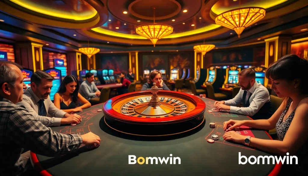 Excited gamblers enjoy games at Bomwin, highlighting thrilling casino action.