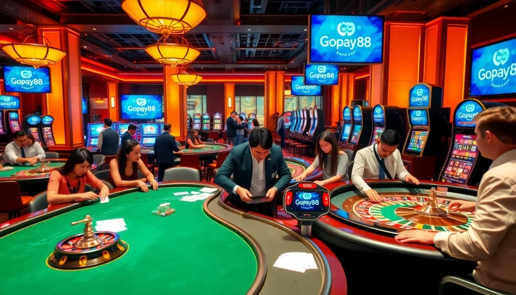 Players enjoying a thrilling experience at a Gopay88 gaming lounge with poker and slot machines.