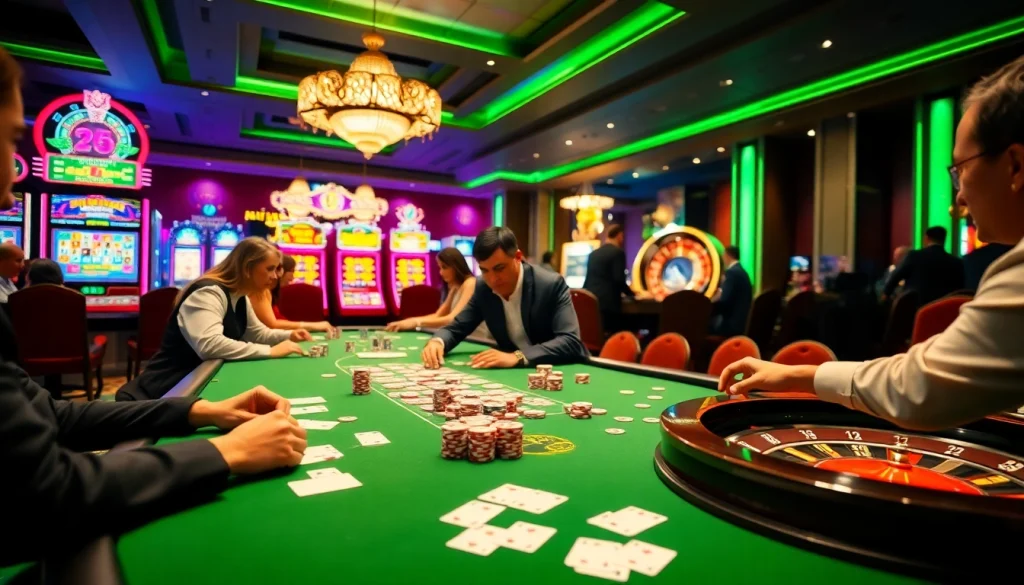 Engaging gambling scene at https://789f.town/ with poker players, vibrant slot machines, and a thrilling roulette wheel.