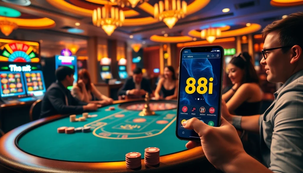 Experience the thrill of a poker game at 88i Casino surrounded by vibrant slot machines.