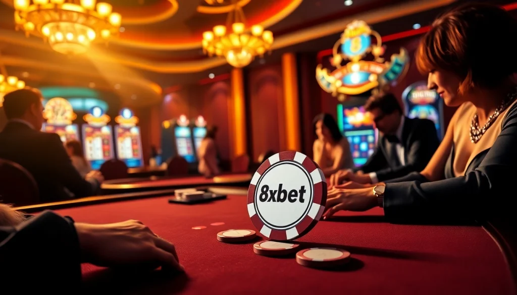 8Xbet branded poker chip being placed on a luxurious casino table.