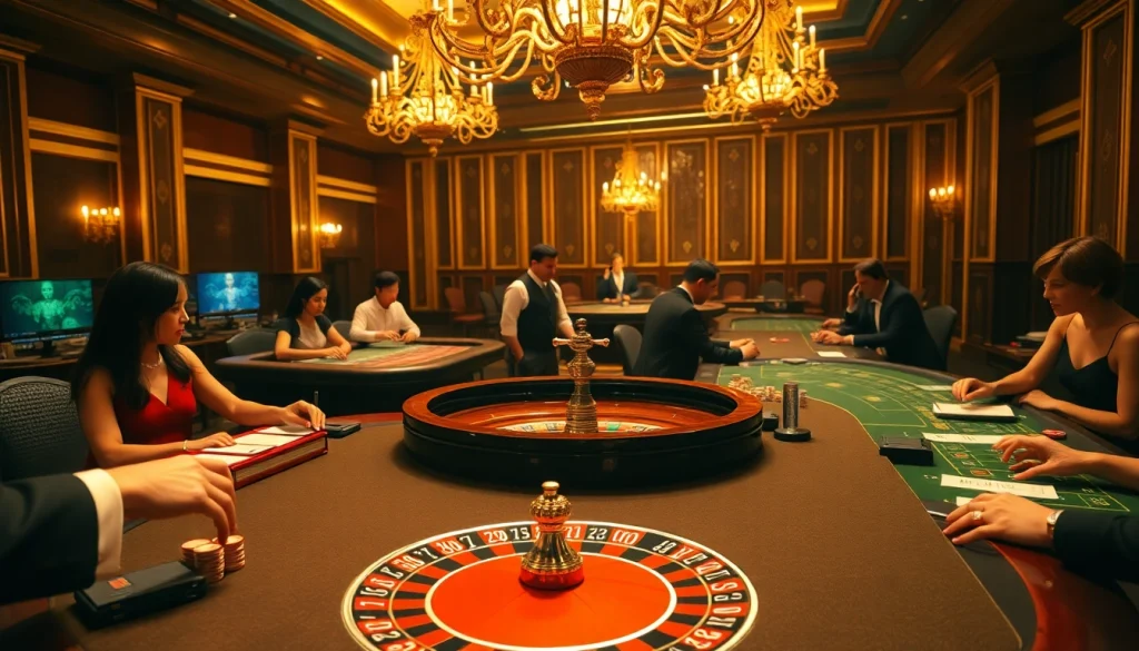 Experience thrilling games at rik vip's luxurious casino, featuring roulette, poker, and vibrant gaming tables.
