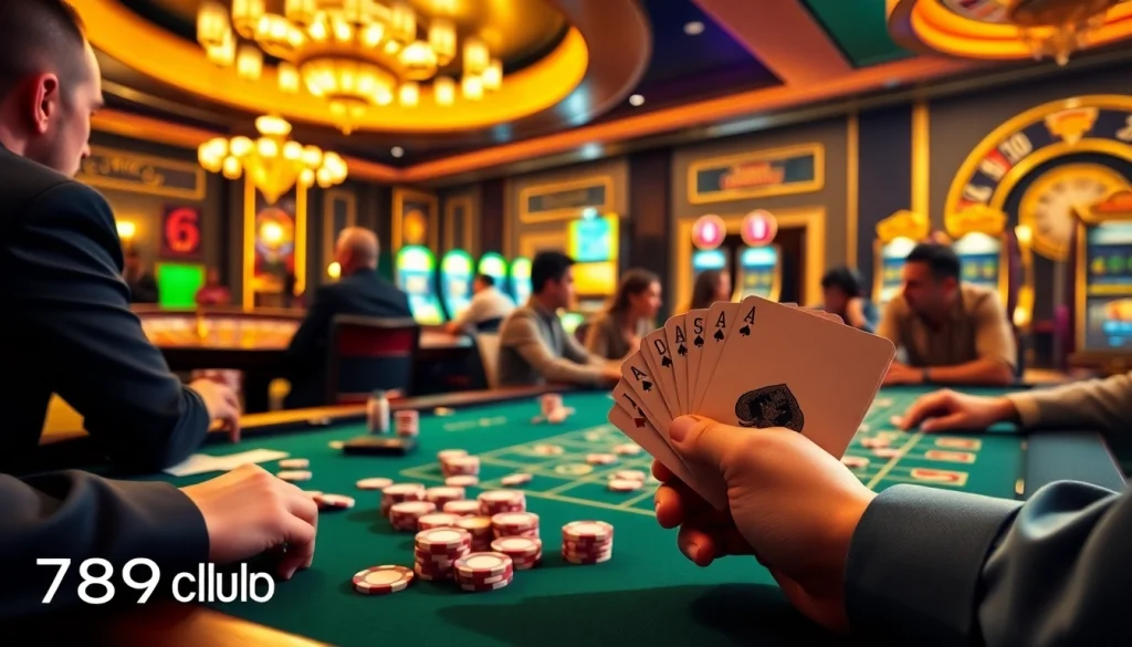 Players strategizing and enjoying a game of poker at 789club's luxurious casino tables.