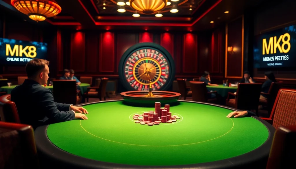 Players engaged in a thrilling poker game at MK8 casino, capturing an exciting moment of strategic betting.