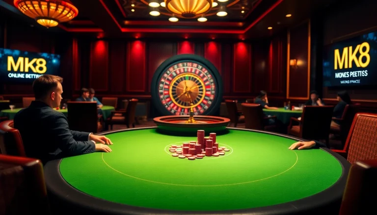 Players engaged in a thrilling poker game at MK8 casino, capturing an exciting moment of strategic betting.