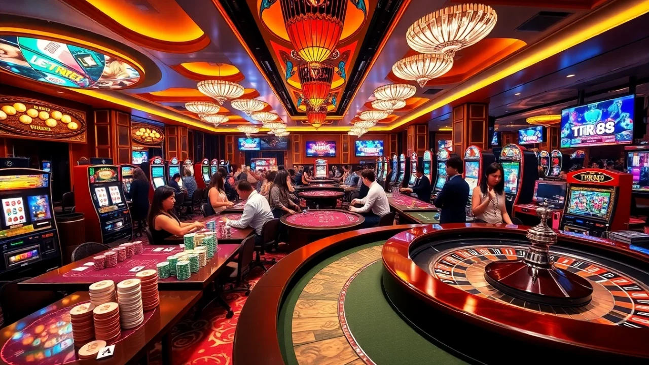 Players enjoying high-stakes games at Trang Chủ TR88 casino with vibrant tables and exciting atmosphere.