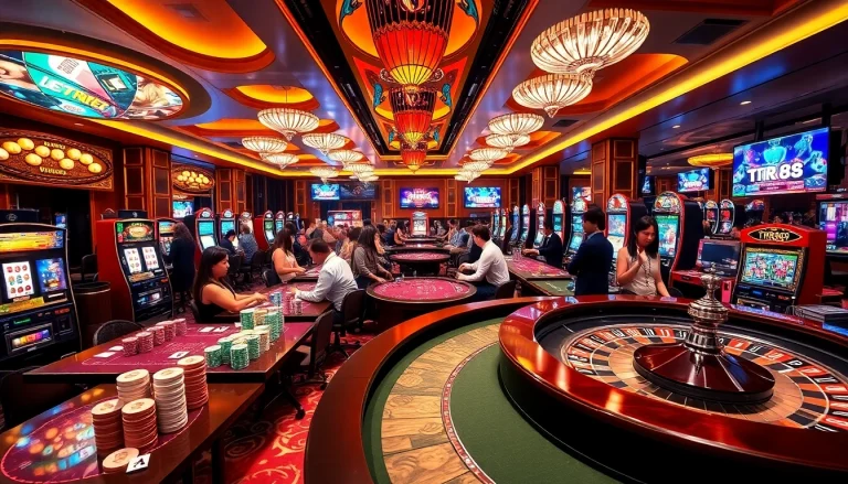 Players enjoying high-stakes games at Trang Chủ TR88 casino with vibrant tables and exciting atmosphere.