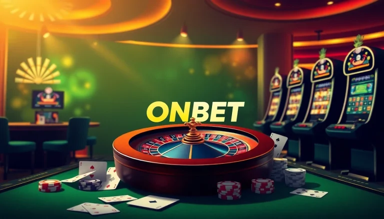 Experience the thrill of online gambling with ONBET, featuring poker chips and a roulette wheel.