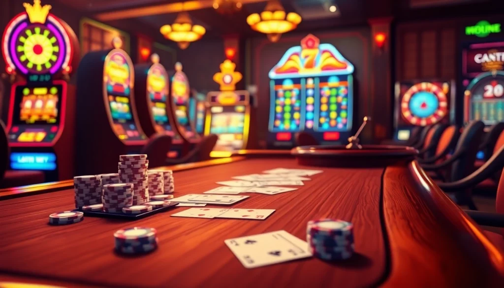 Intense gaming action at situs apiraja88 with vibrant slot machines and poker chips.