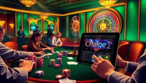 Players strategize at a high-stakes table as they enjoy gaming from https://1haywin.us.com/ with vibrant poker chips and cards.