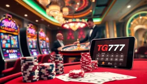 Engage with the TG777 link while enjoying a vibrant casino atmosphere filled with slot machines and poker tables.