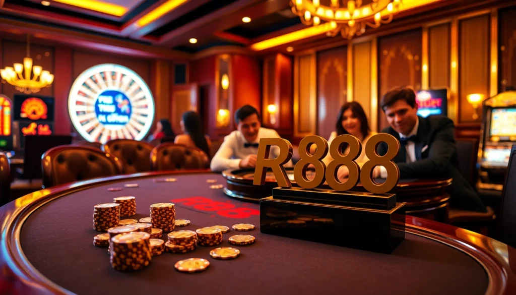 Players enjoying an exciting game of poker at the RR88 casino table, surrounded by vibrant lights and chips.