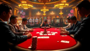 Gambling enthusiasts enjoying high-stakes poker at a luxury casino featuring pahala4d theme.