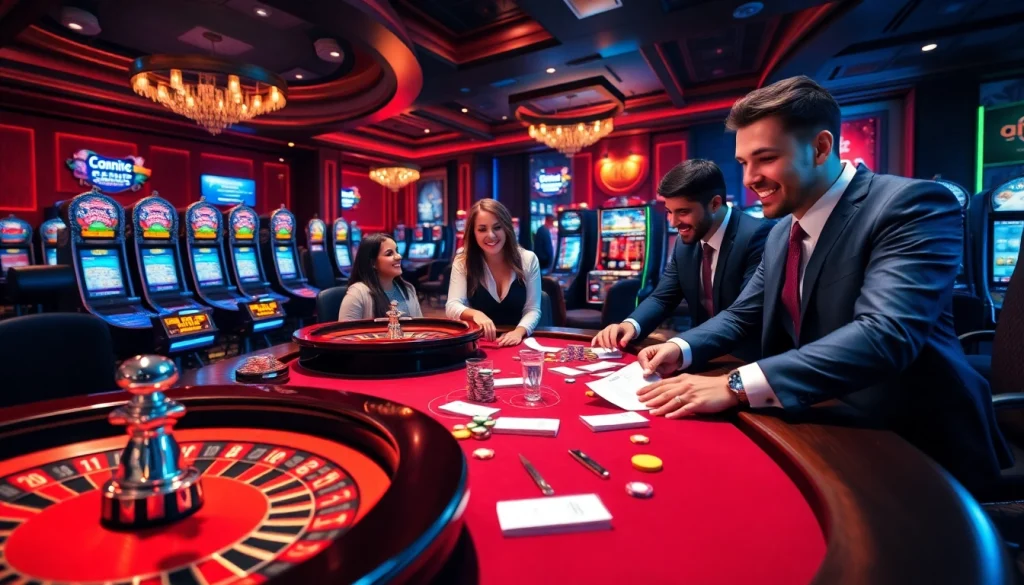 Experience the excitement of bomwin with vibrant casino visuals featuring poker tables, roulette wheels, and slot machines.