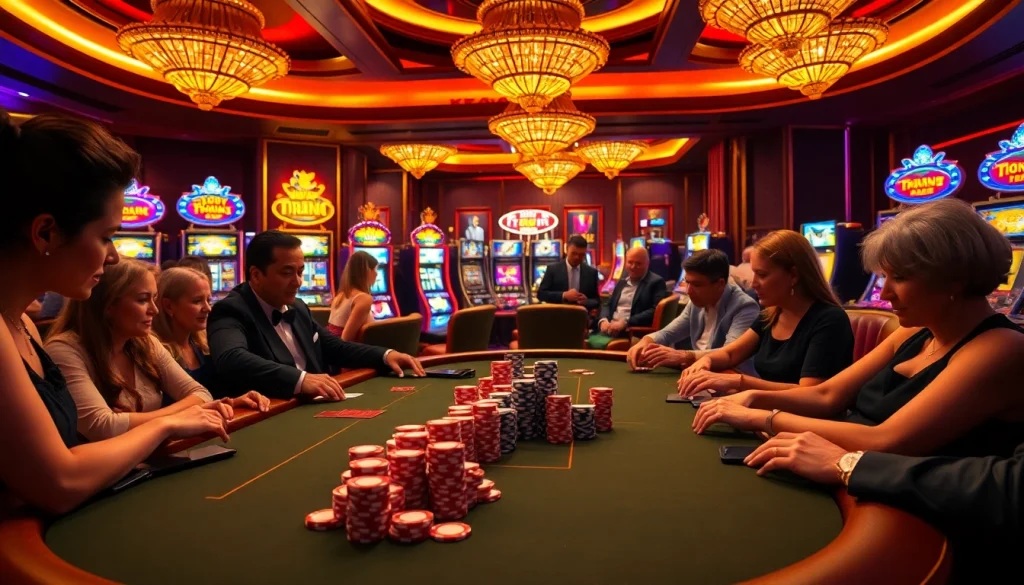 A lively poker game at kp88, showcasing vibrant chips, cards, and players experiencing high-stakes excitement.