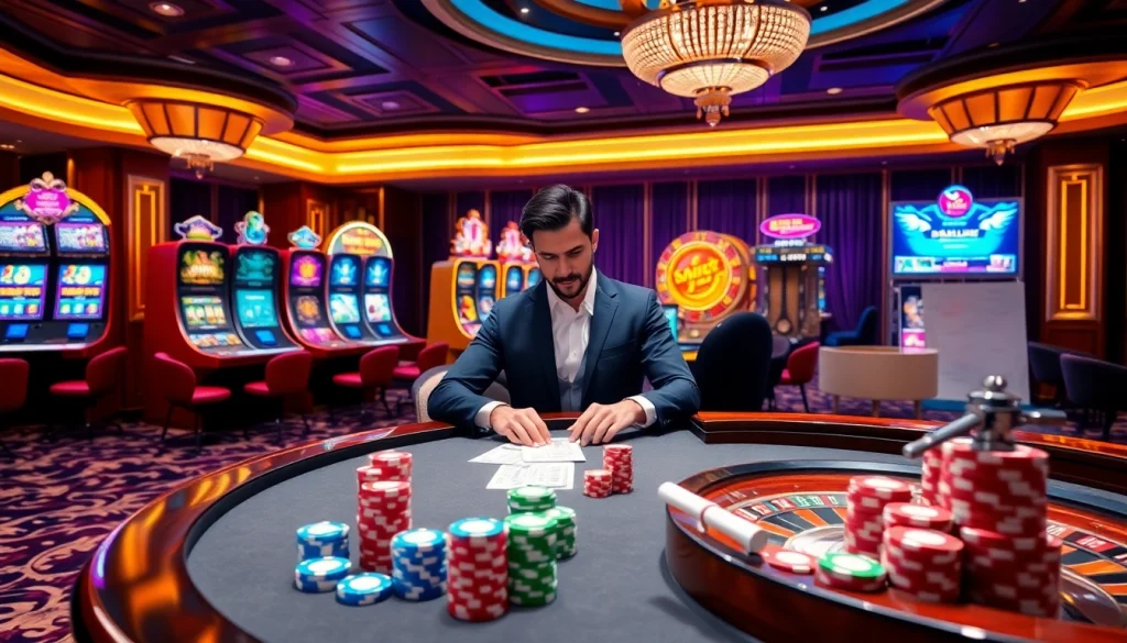 Engage in thrilling gameplay at https://789bet.events/ with a vibrant casino setting highlighting poker and roulette.
