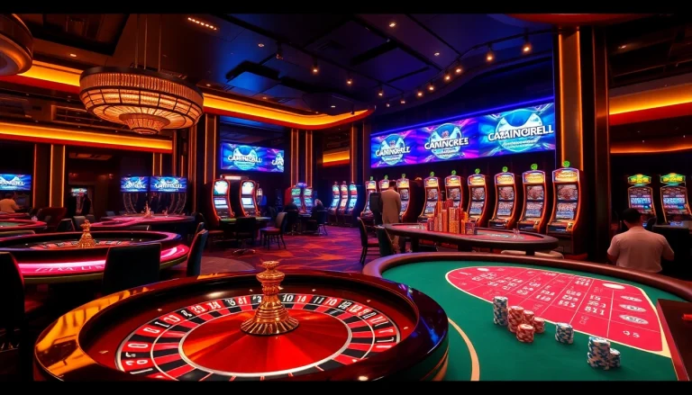 S8 casino scene with players engaging at roulette, poker, and slot machines, highlighting excitement and luxury.