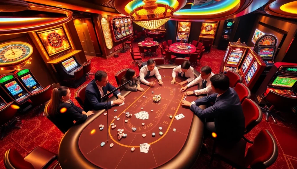 Experience the thrill of RR88 at a luxurious casino with vibrant poker and roulette tables.