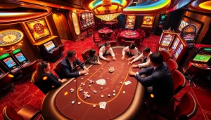 Experience the thrill of RR88 at a luxurious casino with vibrant poker and roulette tables.