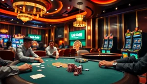 Players eagerly engage in a game at a vibrant casino, featuring Link Go88 themed elements and excitement.