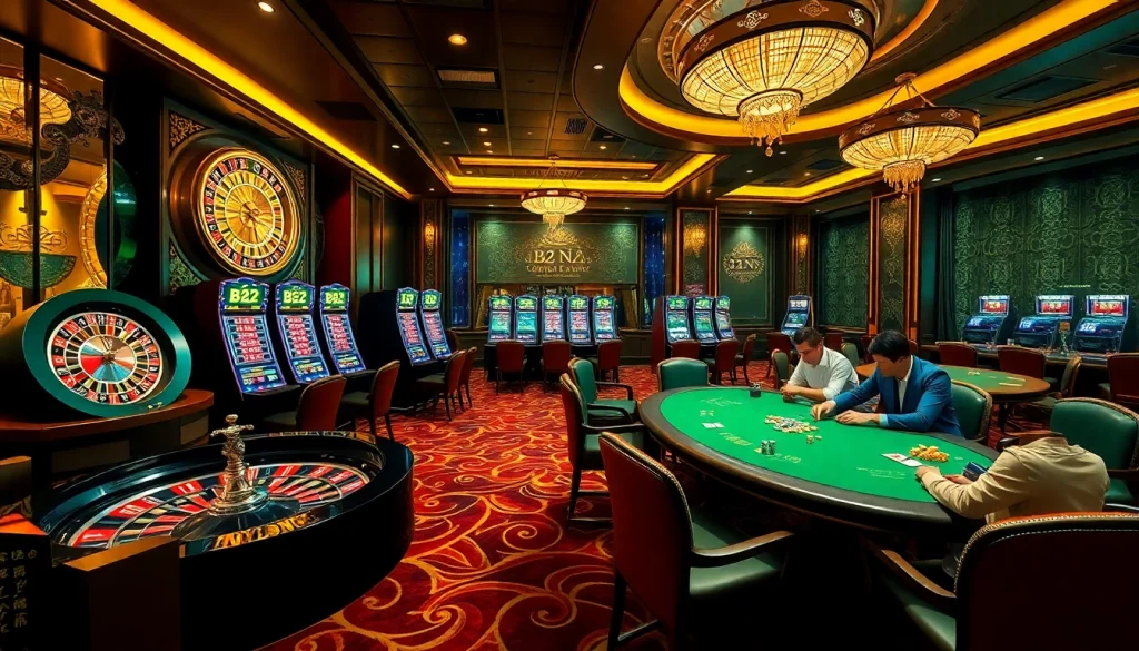 Experience B52 nổ hũ excitement at a vibrant casino table with players and colorful slot machines.