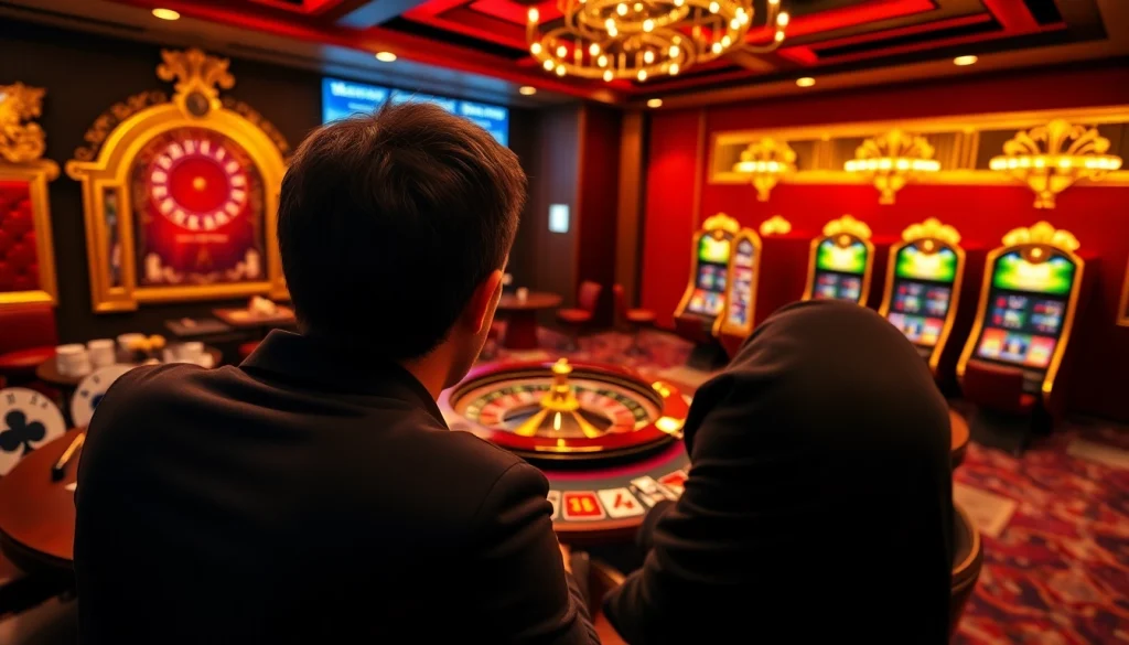 Man88 online casino interface featuring roulette, poker tables, and vibrant slot machines in a luxurious setting.