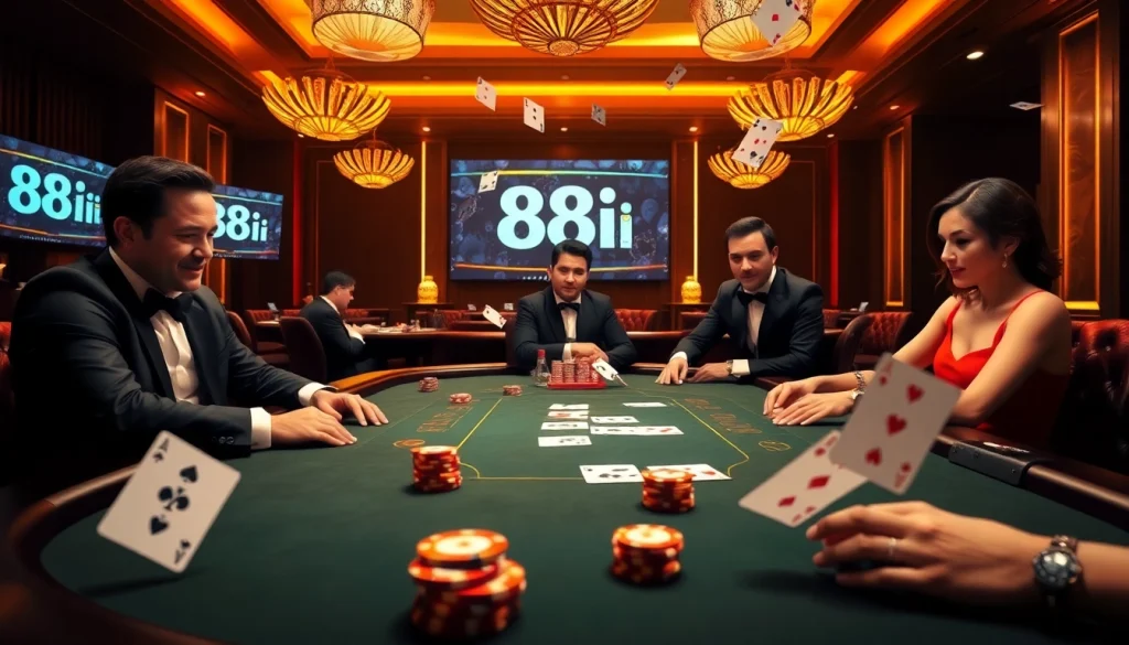 Engaging poker scene showcasing a thrilling moment at the table featuring link 88i and high-stakes chips.