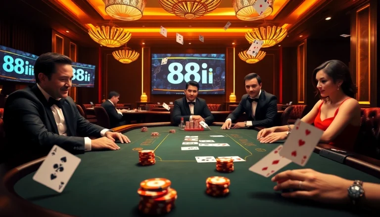 Engaging poker scene showcasing a thrilling moment at the table featuring link 88i and high-stakes chips.