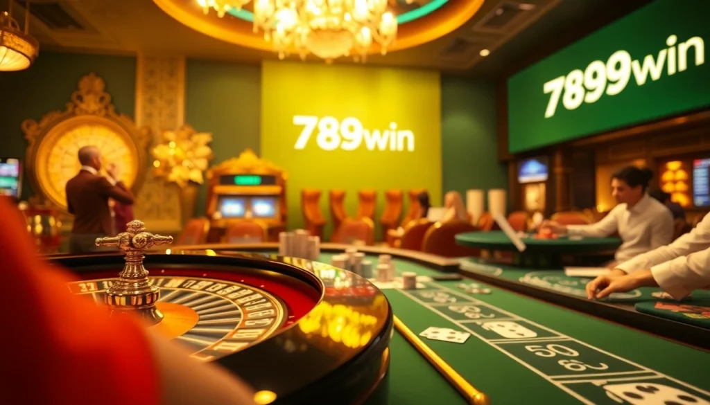 Exciting casino scene with poker chips and a roulette table at 789win.