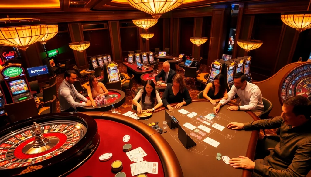 Players enjoying an exciting Betwin88 casino experience at vibrant tables filled with chips and cards.
