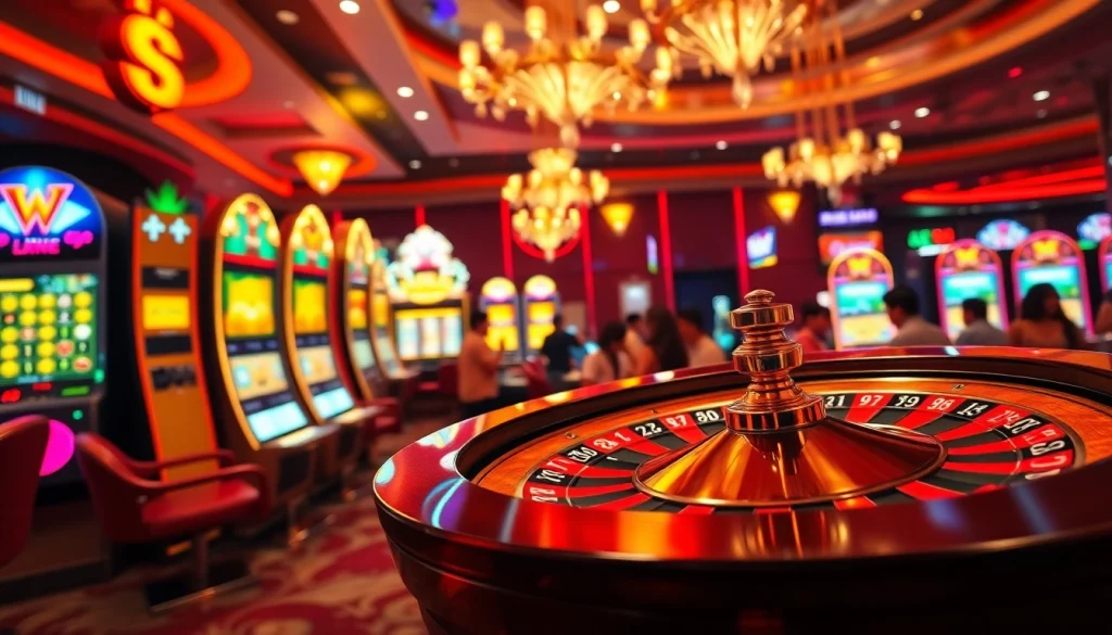 Situs apiraja88 players enjoying vibrant slot machines and roulette in a luxurious casino atmosphere.