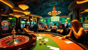 Experience thrilling gameplay at lc88.com with colorful casino tables and engaged players.