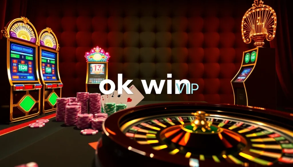 Experience excitement at OKWIN VIP casino with vibrant slot machines and poker chips.