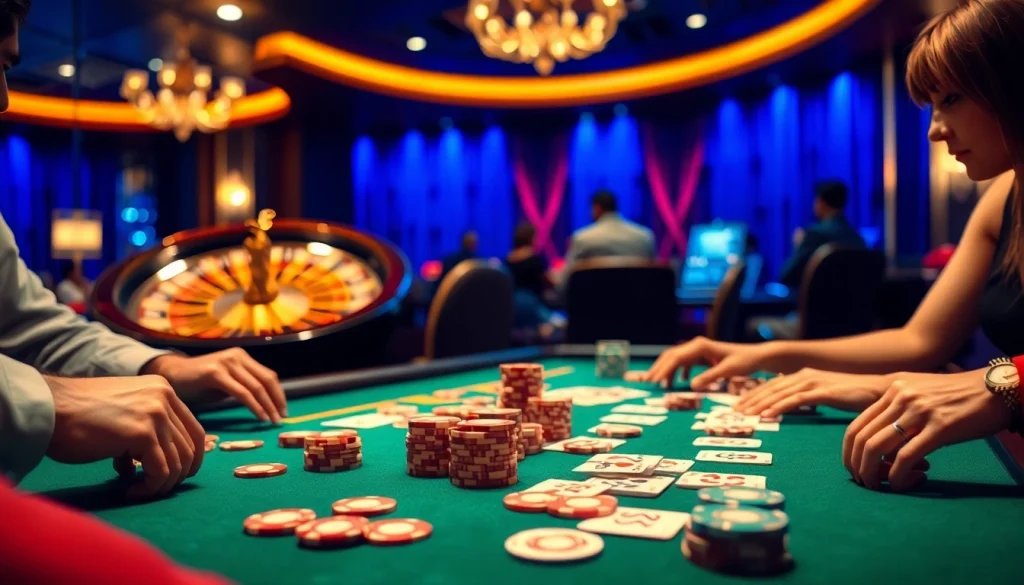 Players immerse in the thrilling atmosphere of rikvip at an elegant casino table, betting chips in hand.