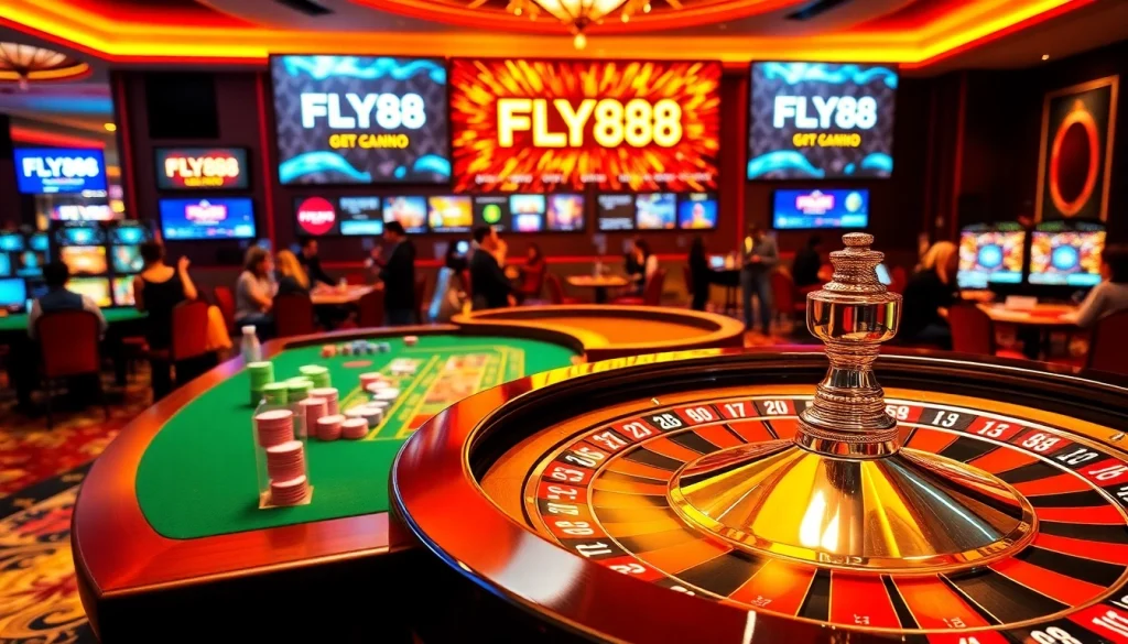Experience the thrill of FLY88 at a luxurious casino table with vibrant poker chips and games.