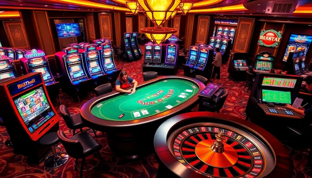 Players enjoying poker and slot machines at a vibrant BK8THAI casino, showcasing an exciting atmosphere.