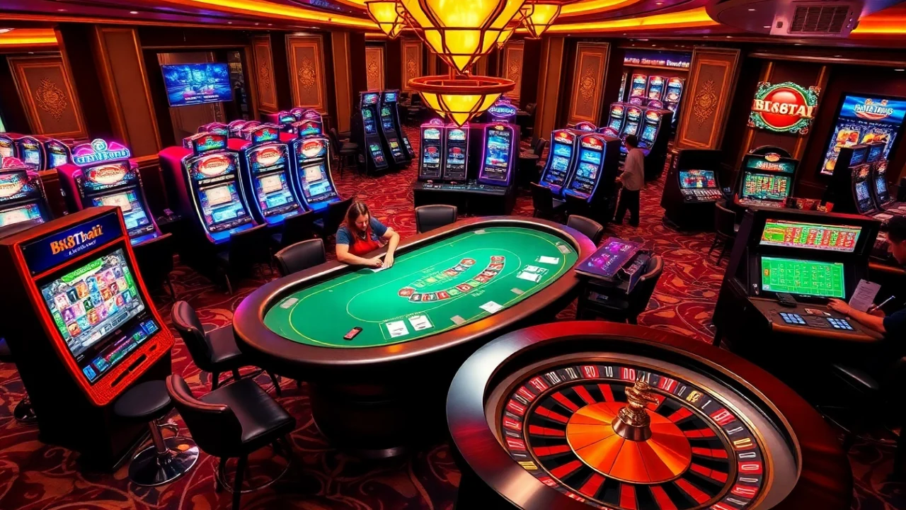 Players enjoying poker and slot machines at a vibrant BK8THAI casino, showcasing an exciting atmosphere.