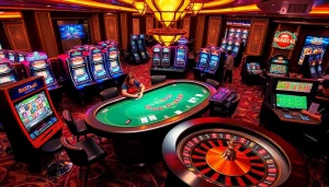 Players enjoying poker and slot machines at a vibrant BK8THAI casino, showcasing an exciting atmosphere.