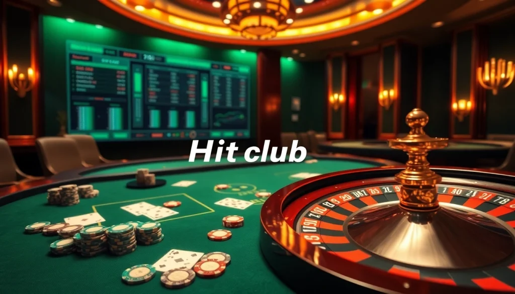 Engage in thrilling gameplay at the Hit club with vibrant casino tables, poker chips, and roulette.
