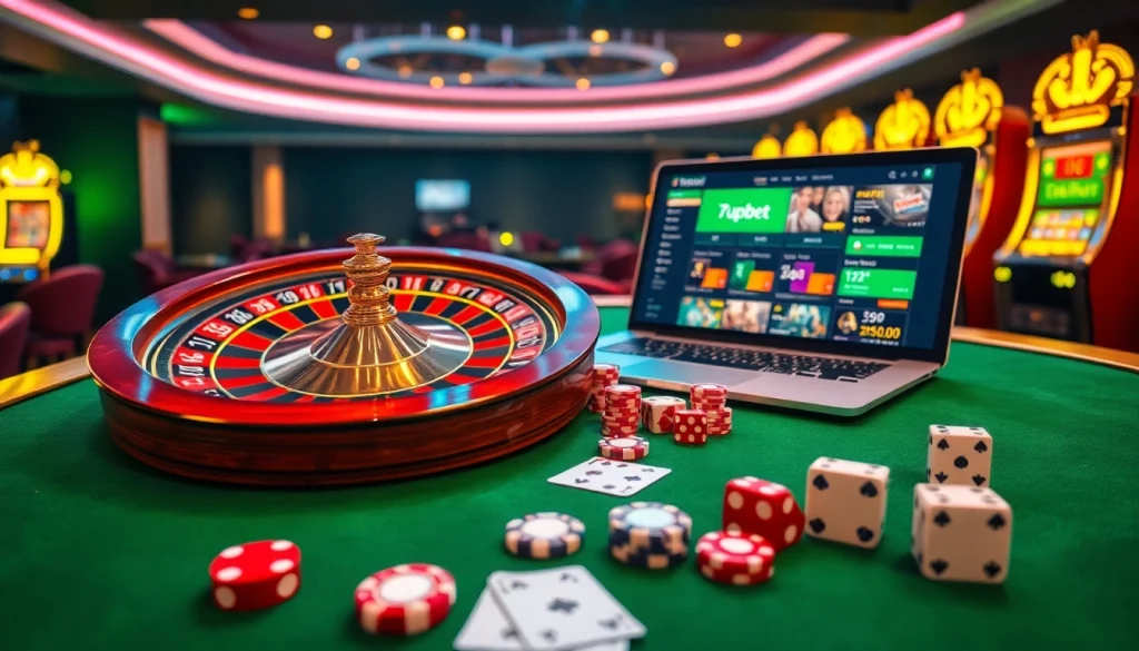 Experience thrilling gaming action with 7upbet's vibrant casino interface and poker chips.
