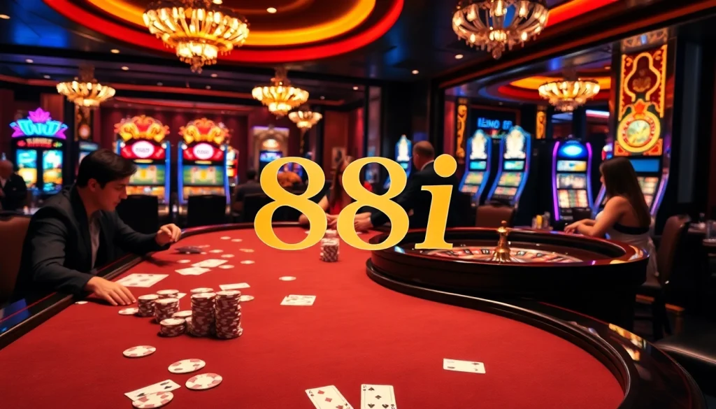 Experience thrilling gameplay at 88i's luxurious casino, featuring vibrant tables and poker action.