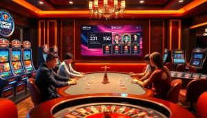 Engage with the app 24kclub in a vibrant casino setting featuring poker chips and players.