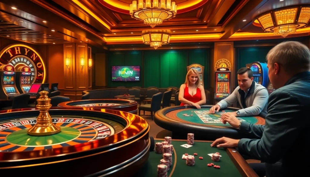 Experience iWin action with vibrant casino tables, cards, and engaged players, showcasing excitement.