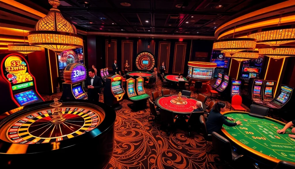 33WIN players enjoying an exciting online casino experience with vibrant tables and chips.