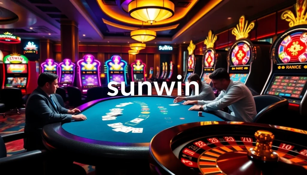Gamblers enjoying an exciting game at a Sunwin casino table amid vibrant slot machines.