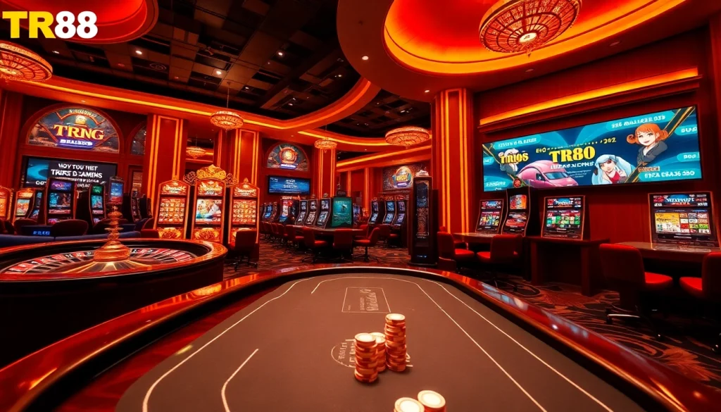 Exciting gaming action at Trang Chủ TR88, featuring roulette, cards, and vibrant casino lights.